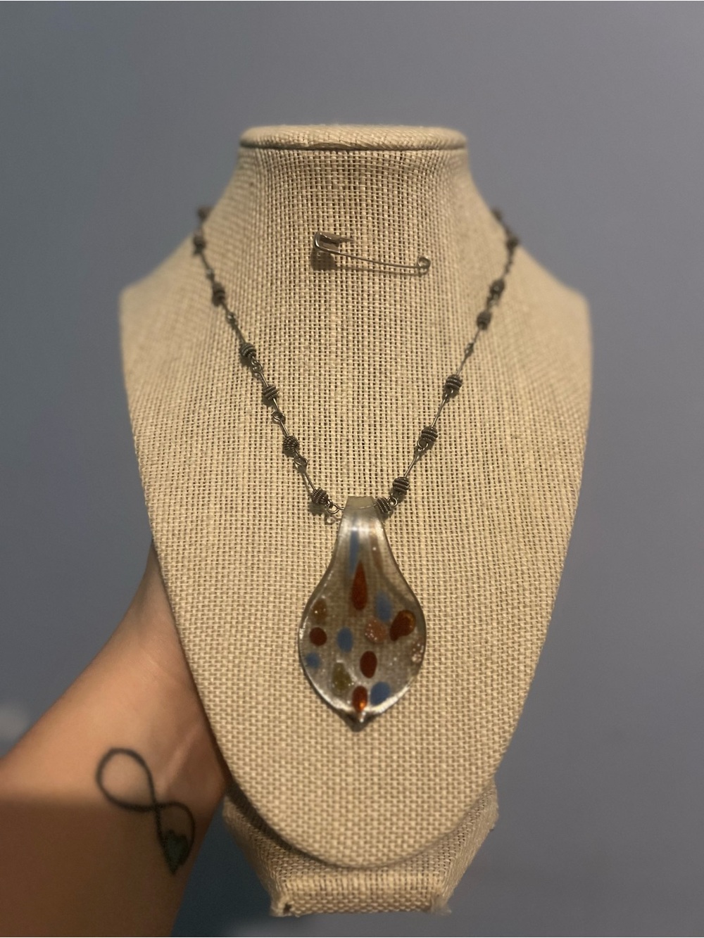 #188. Glass Multicolor Pendant Necklace with Silver Accents
